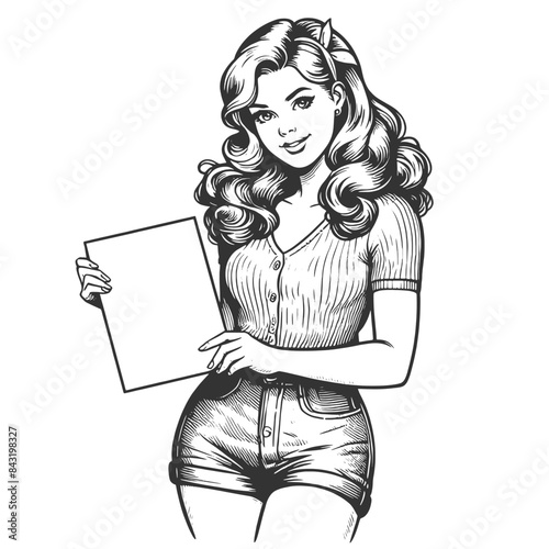 woman holding a blank poster sign, ready for customizable text, in classic pin-up pose sketch engraving generative ai fictional character vector illustration. Black and white image.