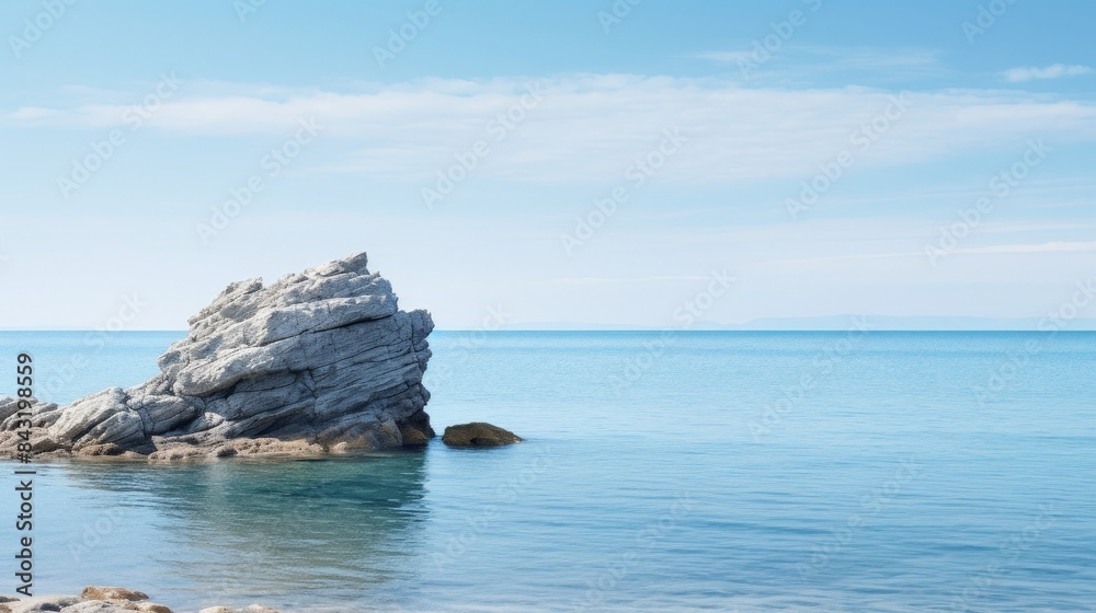 Serene coastal scene featuring a large rock formation in the calm blue sea under a clear sky, ideal for backgrounds and nature concepts. Serene coastal scene featuring a large rock formation in the calm blue sea under a clear sky, ideal for backgrounds and nature concepts.