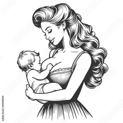 mother lovingly breastfeeding her baby, maternal care and vintage charm sketch engraving generative ai fictional character vector illustration. Scratch board imitation. Black and white image.