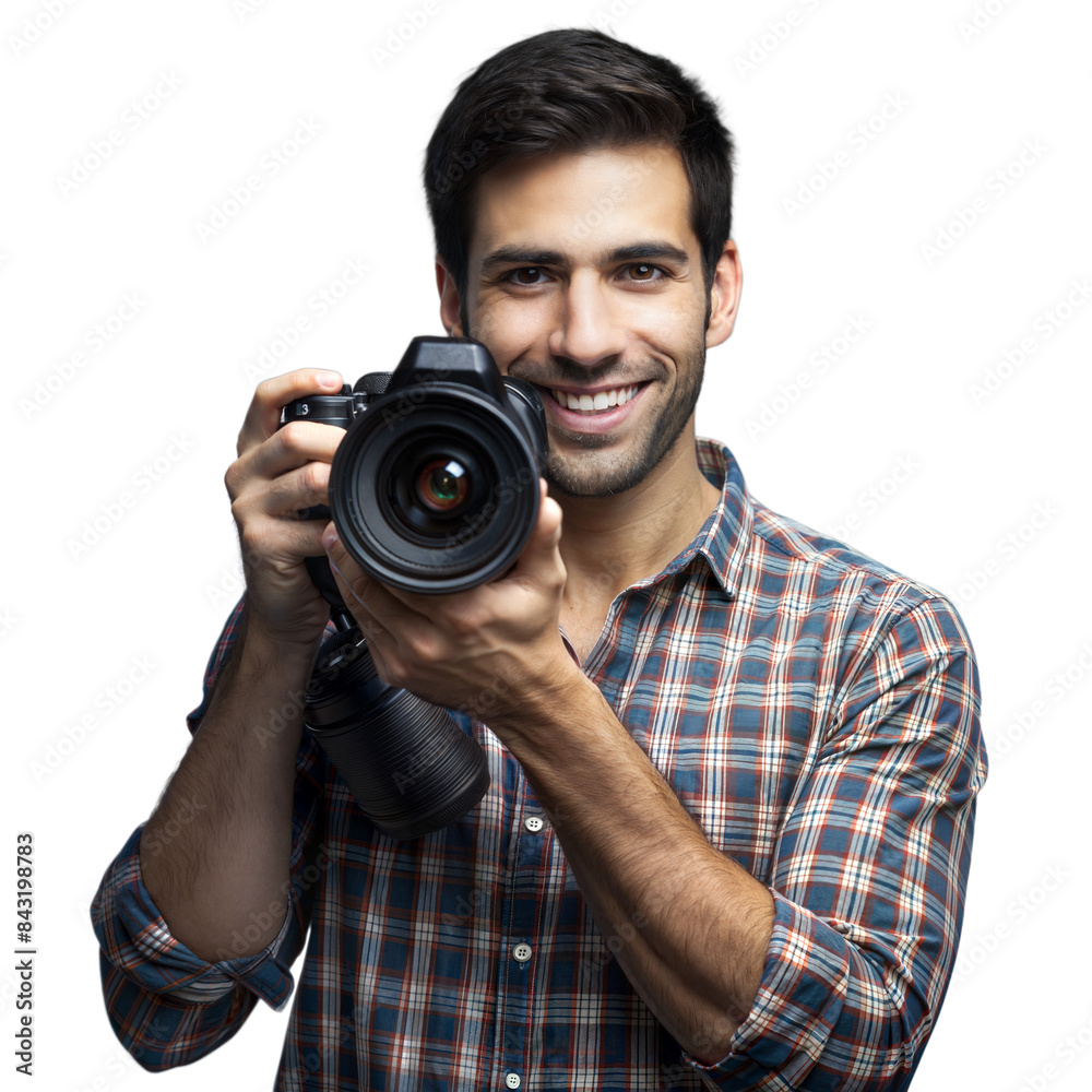 Smiling photographer holding a camera on transparent background Smiling photographer holding a camera on transparent background