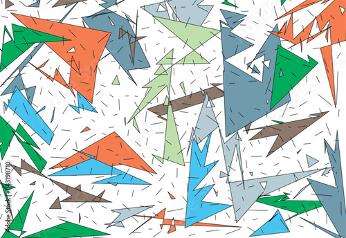 Funky eighties modern pattern with overlapping abstract triangles and shapes with black lines