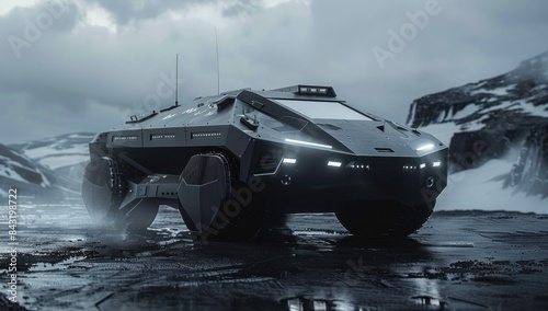 Against the backdrop of a swirling vortex, the EV armored tank stands resolute, its minimalist exterior belying the advanced weaponry and shielding hidden within. photo