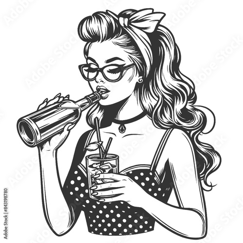  woman drinking alcohol from a bottle and holding a glass with a straw sketch engraving generative ai fictional character vector illustration. Scratch board imitation. Black and white image.