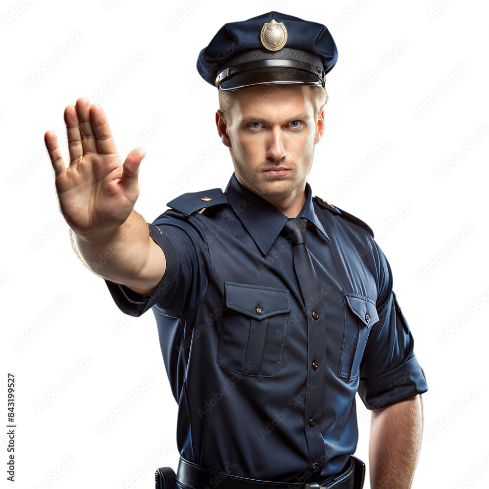 Obraz premium Police officer signaling stop with hand on transparent background