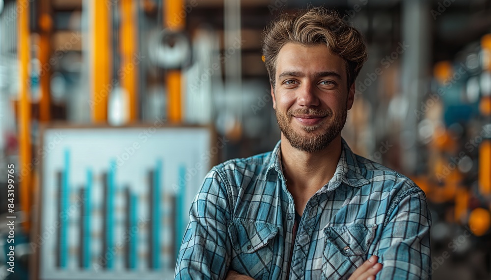 Obraz premium Smiling man with production chart in factory