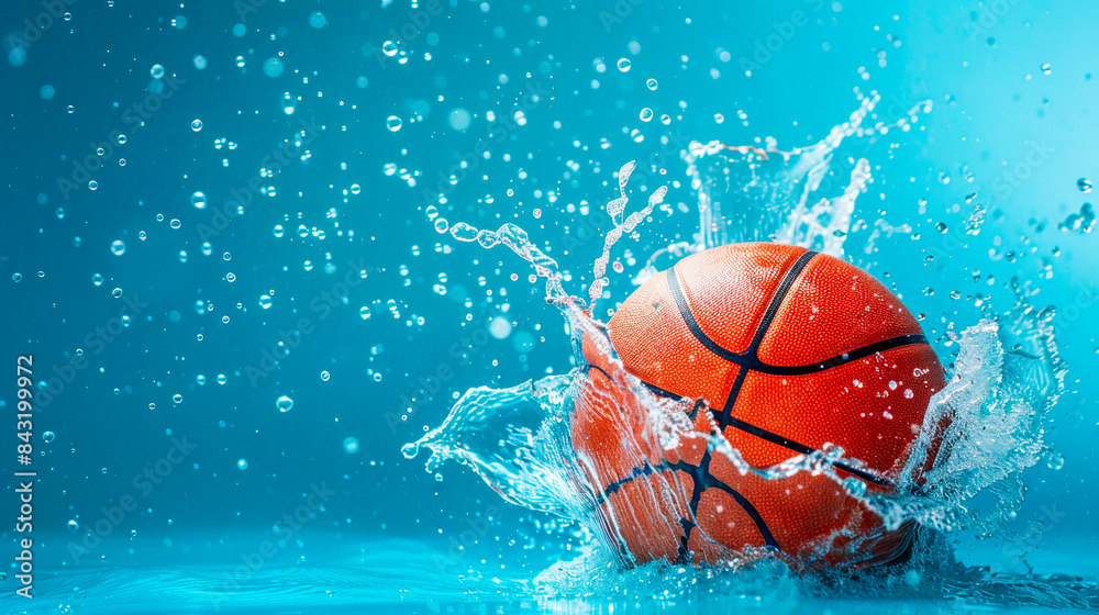 Basketball ball with water splashes on a blue background.