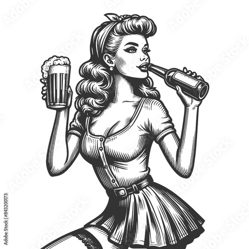  woman drinking alcohol from a bottle and holding a glass with a straw sketch engraving generative ai fictional character vector illustration. Scratch board imitation. Black and white image.