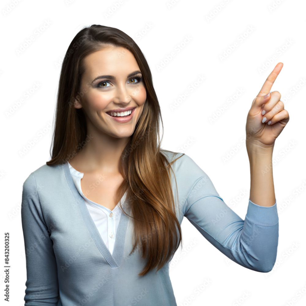 Smiling woman pointing up on transparent background Smiling woman pointing up on transparent background