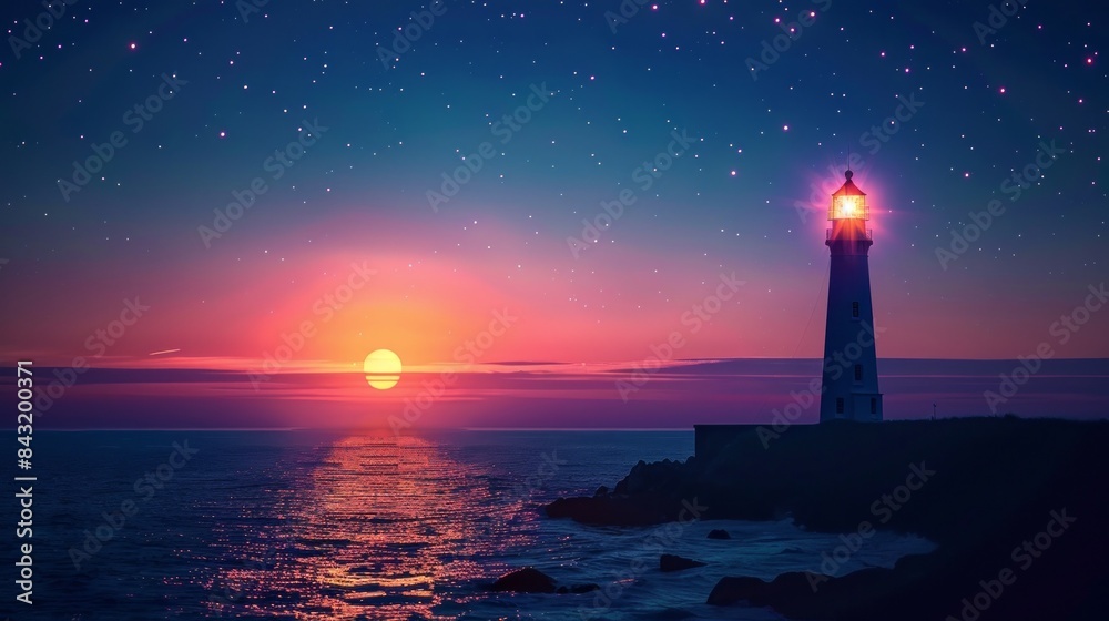 Lighthouse on the rocky shore of the island, the sun sinking to the horizon. Lighthouse on the rocky shore of the island, the sun sinking to the horizon.