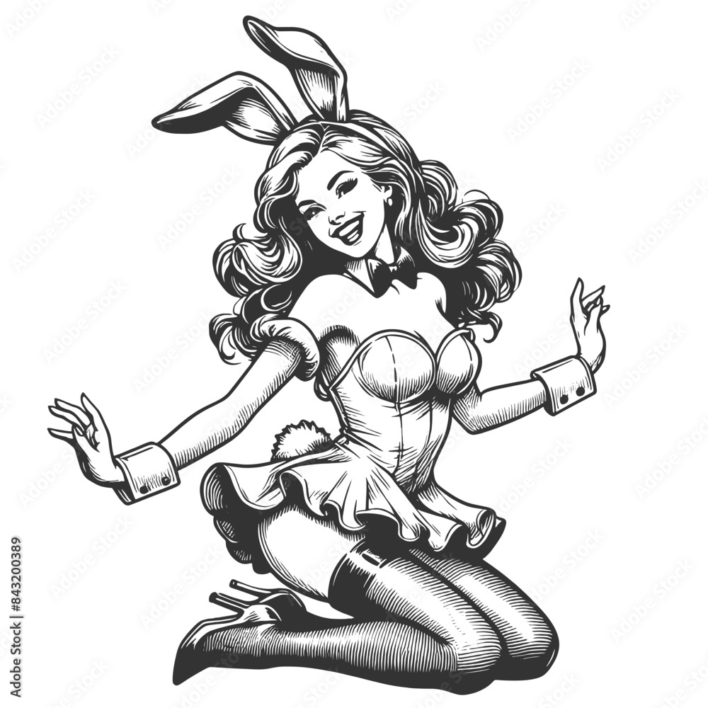 custom made wallpaper toronto digitalcheerful bunny girl in a playful pose, wearing a corset, bunny ears sketch engraving generative ai fictional character vector illustration. Scratch board imitation. Black and white image.