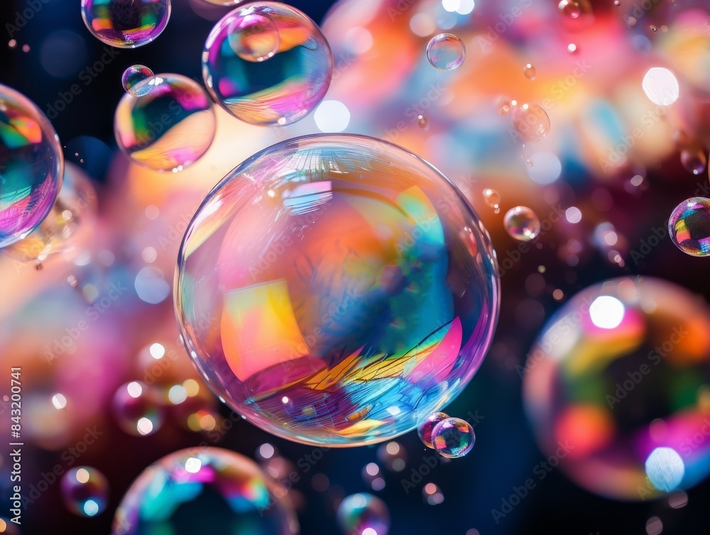 Vibrant close-up of colorful soap bubbles floating against a dark background, creating a surreal and mesmerizing visual effect. Vibrant close-up of colorful soap bubbles floating against a dark background, creating a surreal and mesmerizing visual effect.
