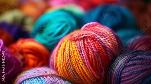 Vibrant and colorful yarn balls in various textures and shades, perfect for knitting, crocheting, and crafting projects.