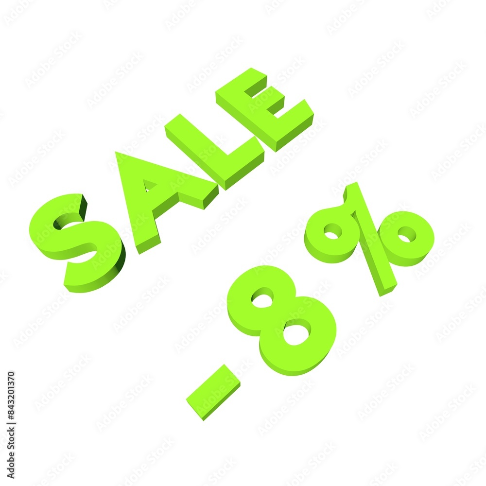 Light green minus eight percent with the text Sale. Isolate on a white background. Markdown, discounts, marketing. Footage rendering. Light green minus eight percent with the text Sale. Isolate on a white background. Markdown, discounts, marketing. Footage rendering.
