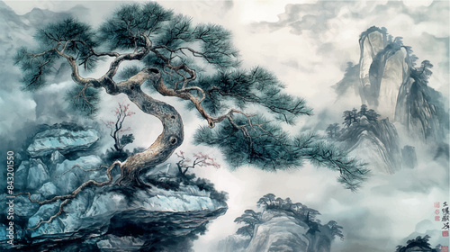 traditional chinese watercolor painting of an old lonely pine on the mountain, misty landscape, vector illustration