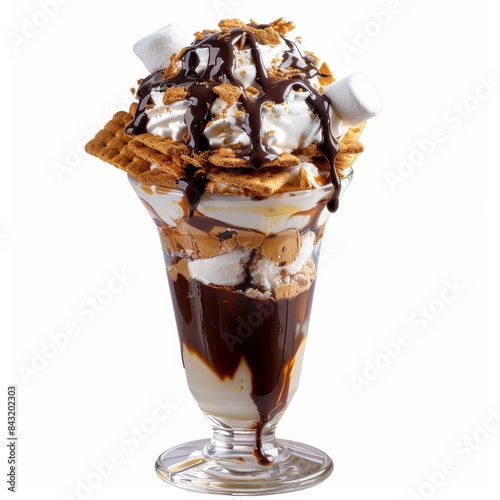 Delicious ice cream sundae topped with chocolate syrup, marshmallows, and wafers in a glass dish, perfect for dessert lovers. White Background photo