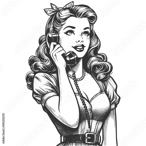 retro-style pin-up girl elegantly talking on a classic rotary dial telephone sketch engraving generative ai fictional character vector illustration. Scratch board imitation. Black and white image.
