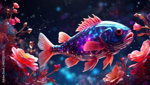 Colorful and shiny fish surrounded by flowers in a fantastical scene. Generative AI.