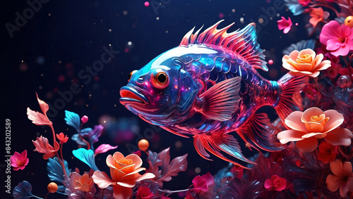 Colorful and shiny fish surrounded by flowers in a fantastical scene. Generative AI.