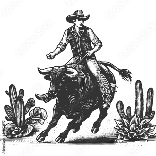 cowboy riding a bull, surrounded by desert plants, Western rodeo culture sketch engraving generative ai fictional character vector illustration. Scratch board imitation. Black and white image