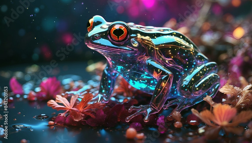 A neon, futuristic frog with a reflective, shiny surface, sitting in a fairytale environment. Generative AI.