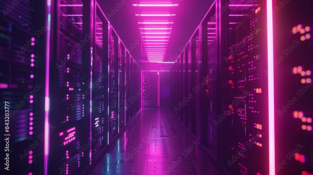 Big data storage and cloud computing technology, machine learning, artificial intelligence concept. Data center room with abstract data servers and glowing led indicators Big data storage and cloud computing technology, machine learning, artificial intelligence concept. Data center room with abstract data servers and glowing led indicators