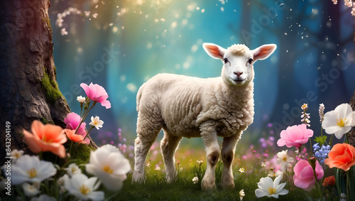 A small white lamb standing in a grassland area surrounded by vibrant flowers. Generative AI.