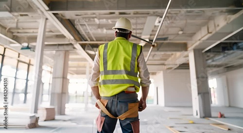 A Construction Worker in Hard Hat Inspecting Ceilings in Open Space	
 photo