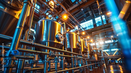 A wide angle shot of shiny metal brewing equipment in a modern brewery with blue lighting