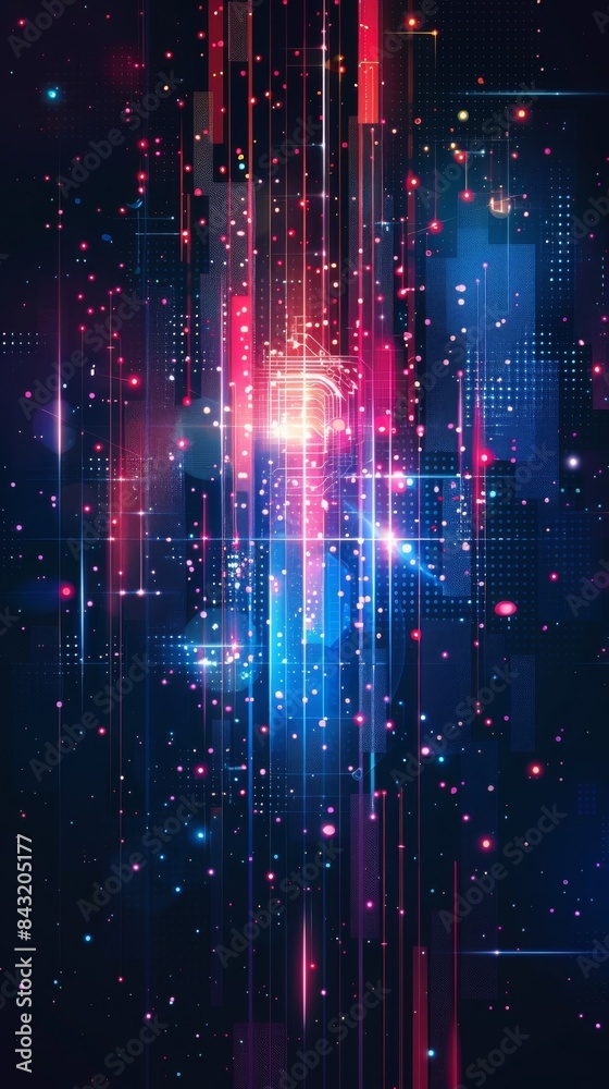 Colorful abstract digital cityscape with glowing lights and data streams Colorful abstract digital cityscape with glowing lights and data streams
