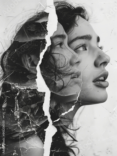 Artistic Monochrome Portrait of Young Woman with Double Exposure Technique