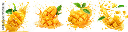 Fresh mango with juice splashes isolated on transparent background