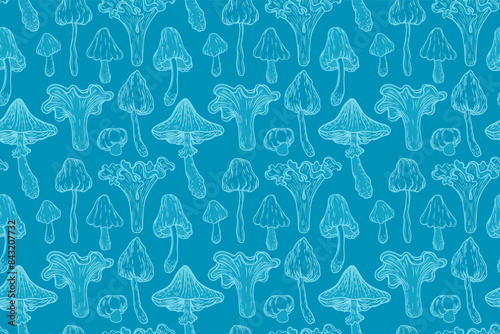 Magic mushrooms seamless pattern. Psychedelic hallucination. 60s hippie art in bright blue color. Vintage psychedelic textile, fabric, wrapping, wallpaper. Vector repeating illustration.