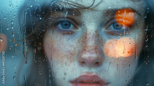 A close-up of a person with freckles staring through a rain-drenched window, featuring blurred reflection and bokeh light effects in the background