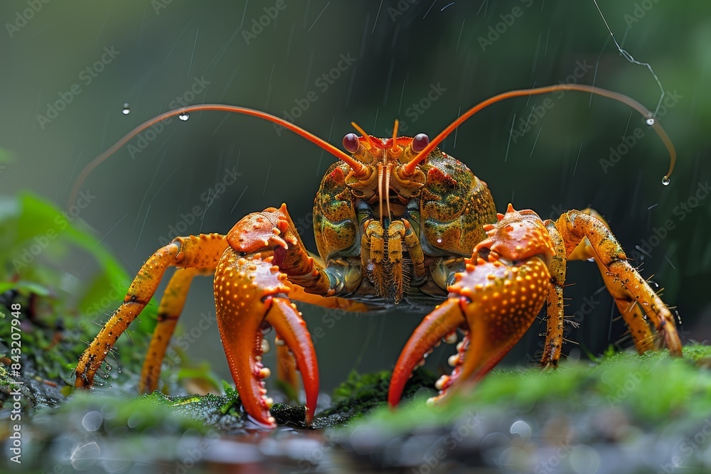 A vibrant and detailed close-up image of a lobster in its natural habitat, showcasing its colorful exoskeleton and intricate features against a backdrop of lush, wet foliage, captured during rainfall A vibrant and detailed close-up image of a lobster in its natural habitat, showcasing its colorful exoskeleton and intricate features against a backdrop of lush, wet foliage, captured during rainfall