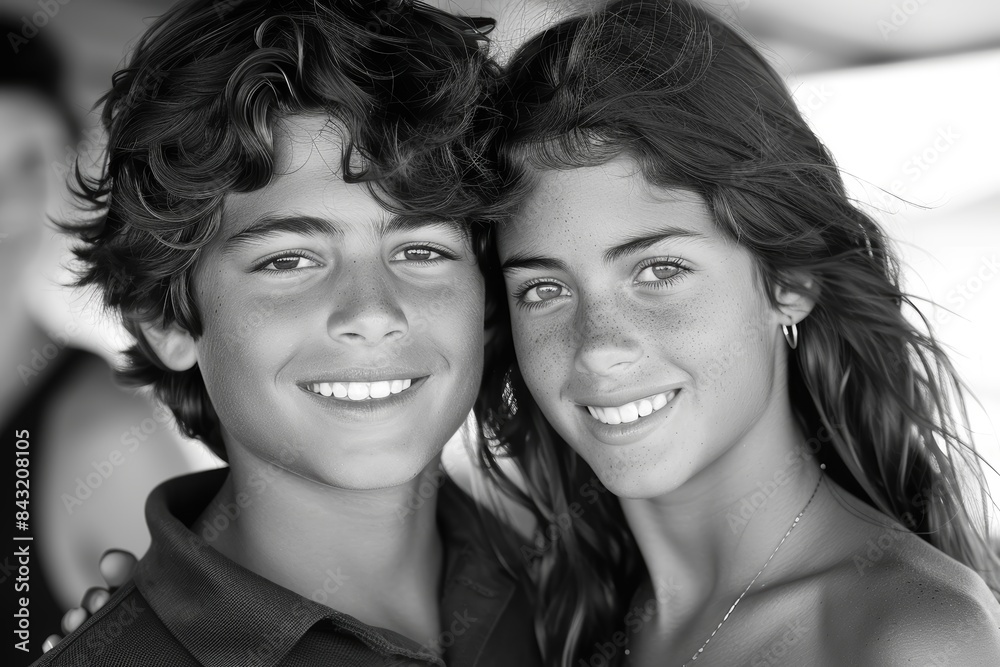 A heartwarming black and white photograph of two young individuals sharing a close, joyful moment with bright smiles and an obvious strong bond A heartwarming black and white photograph of two young individuals sharing a close, joyful moment with bright smiles and an obvious strong bond