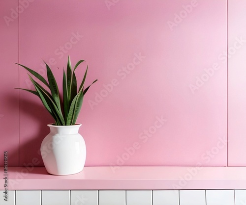 Wallpaper Mural The minimalist photo shows a white vase with a sansivera plant in it. The vase is placed on a pink surface, with a pink wall behind it. Torontodigital.ca