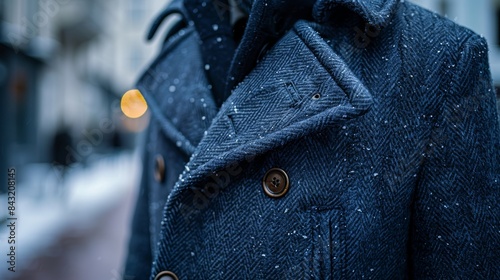 Close-up image of a person wearing a stylish dark blue woolen overcoat with snowflakes on it, standing on a snowy city street, emphasizing winter fashion and urban lifestyle