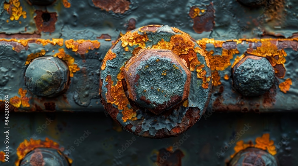 A close-up image showcasing a rusted bolt and surrounding metal surfaces with a heavy patina, illustrating the effects of weathering and corrosion over time A close-up image showcasing a rusted bolt and surrounding metal surfaces with a heavy patina, illustrating the effects of weathering and corrosion over time
