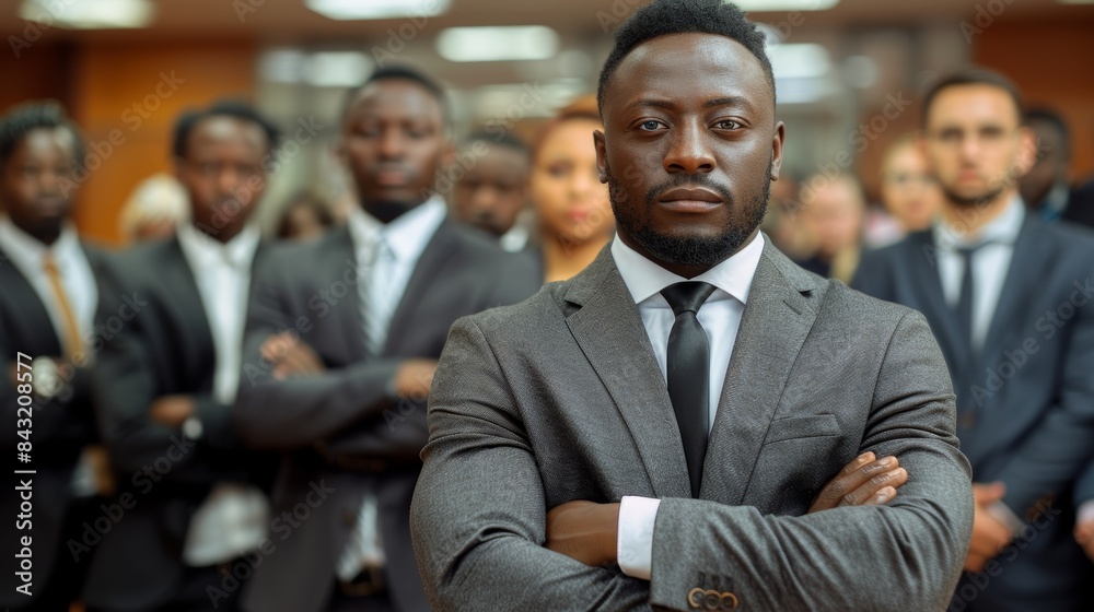 A group of serious and determined professionals, led by a confident individual in the foreground, stands together in a corporate setting A group of serious and determined professionals, led by a confident individual in the foreground, stands together in a corporate setting