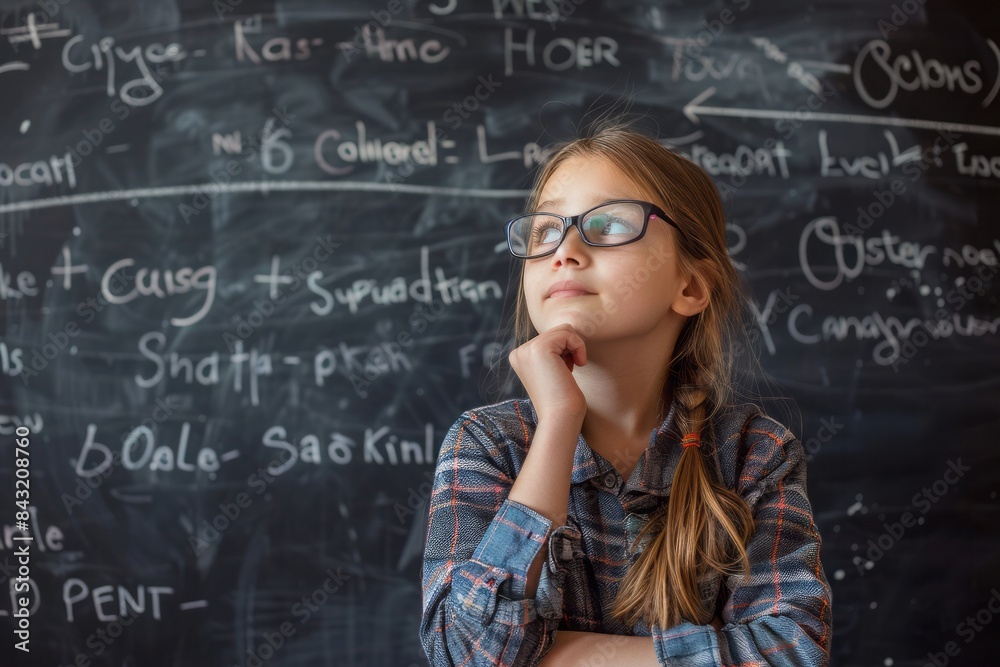 School girl thinking what to write on a blackboard School girl thinking what to write on a blackboard