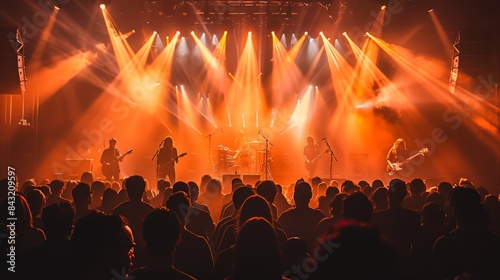 A live music performance with silhouetted band members on stage and an enthusiastic audience under vibrant orange stage lights creating an unforgettable concert atmosphere © aicandy