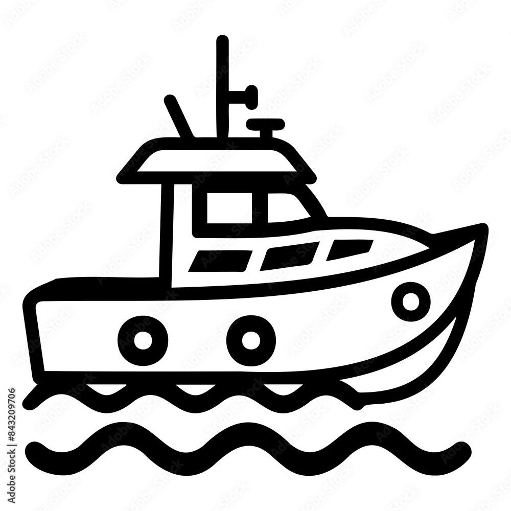 Black and white minimalist illustration of a boat on waves, ideal for maritime icons and nautical themes. Black and white minimalist illustration of a boat on waves, ideal for maritime icons and nautical themes.