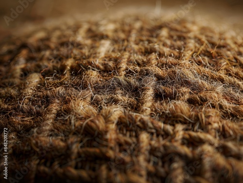 Close-up photograph of a rough-textured natural fibrous material, showcasing intricate details of the intertwining and woven threads in earthy brown tones photo