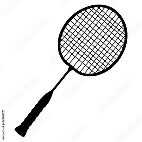 Minimalist black and white silhouette of a badminton racket, perfect for sports and fitness-related themes.