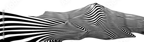 Modern vector design of stylized mountain landscape monochrome with striped geometric. Metaverse concept vector background for wall art, panel, poster, web banner, mobile apps, interior decor. 