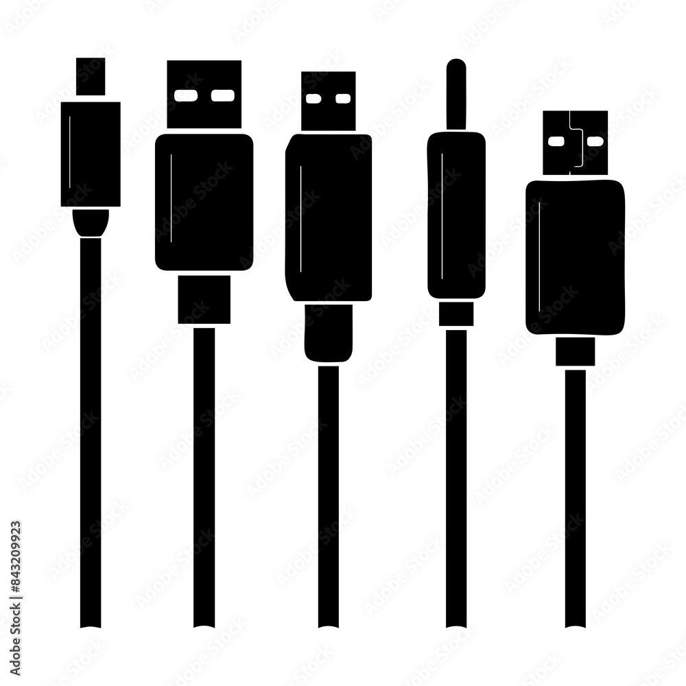 Black silhouette of five different USB cables, representing connectivity and technology. Black silhouette of five different USB cables, representing connectivity and technology.