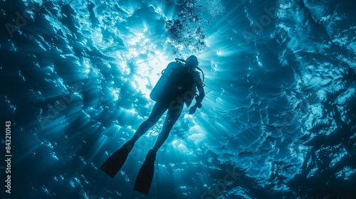 An underwater scuba diver silhouetted against the radiant rays of sunlight piercing through the ocean waves, capturing the serene and adventurous essence of marine exploration
