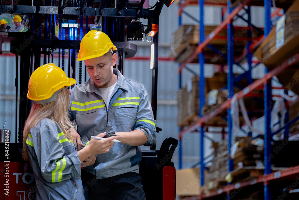 Two male and female factory checkers are discussing work on a warehouse truck. While working in a warehouse for industrial products Two male and female factory checkers are discussing work on a warehouse truck. While working in a warehouse for industrial products