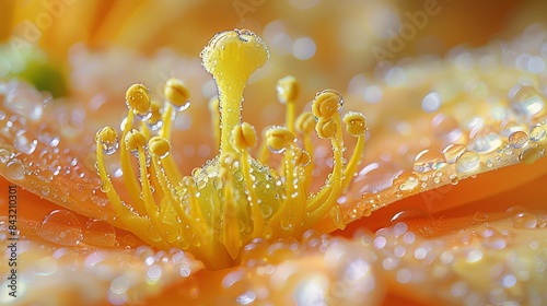 Dewdrops glistening on the vibrant stamens of an orange flower, showcasing a close-up with spectacular detail and vivid colors
