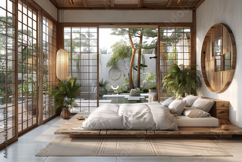A bedroom with a futon bed, minimalist decor, and sliding doors, embodying calm and simplicity. Concept of Japandi-inspired bedroom. Generative Ai. © Sebastian